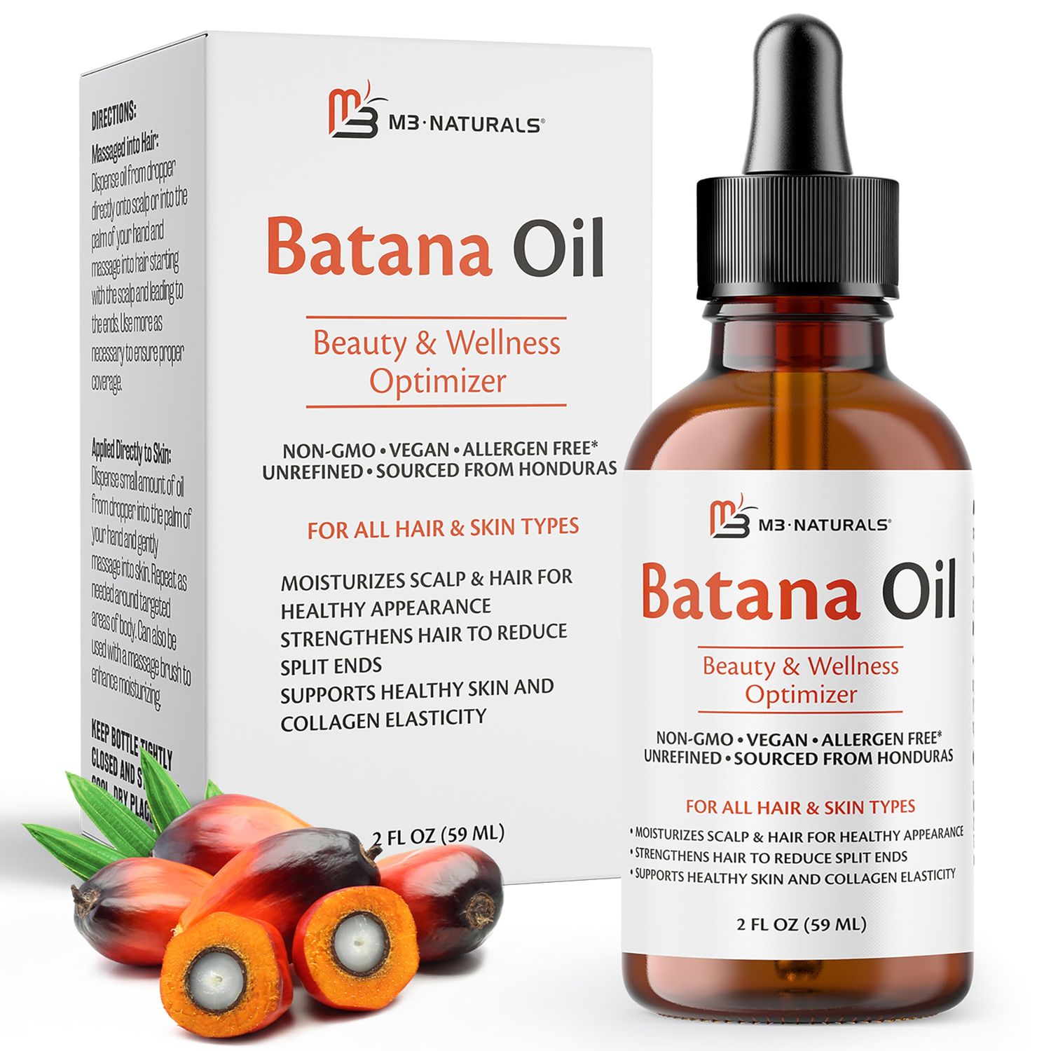 M3 Naturals Vegan Batana Oil | Unrefined Batana Oil for Hair &amp; Skin | Supports Healthy Skin &amp; Collagen Production| 100% Pure Batana &amp; Non-GMO | 2 FL OZ (59 ML)