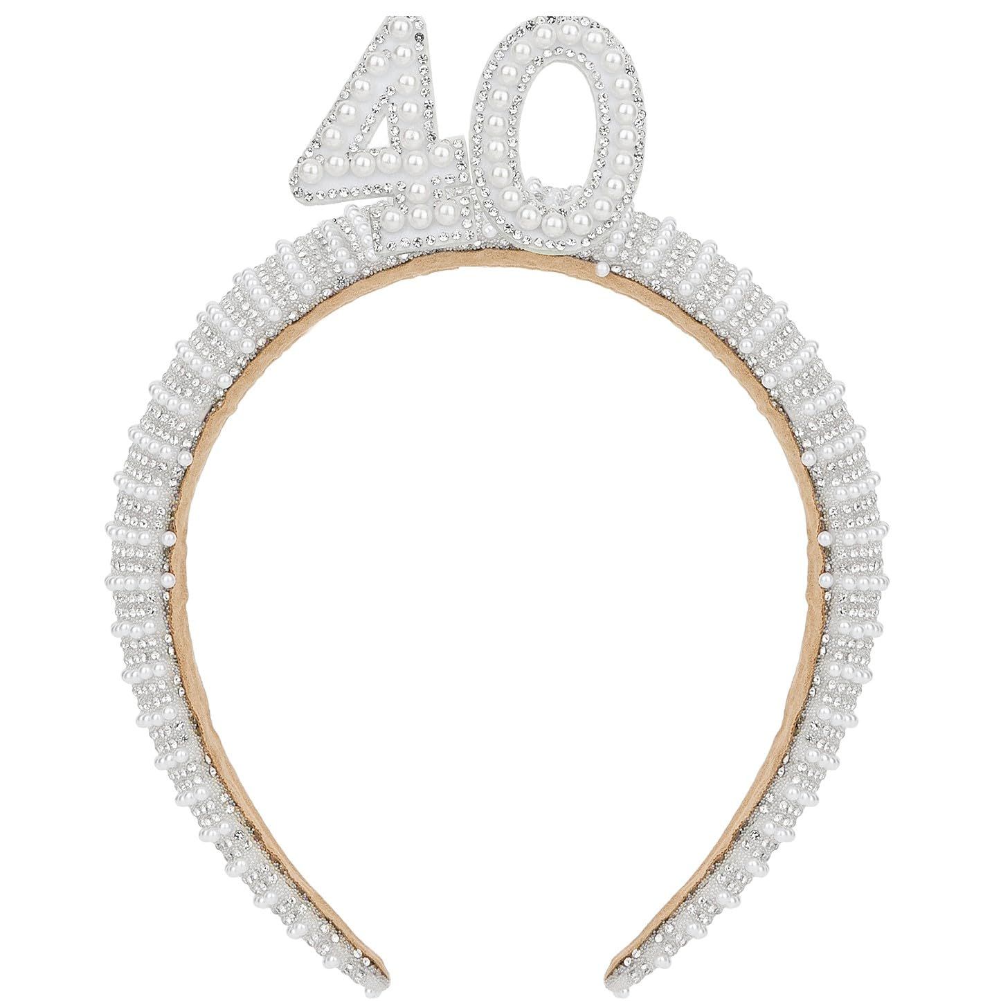 WHAVEL 40th Birthday Decorations for Women 40th Birthday Crown Pearl Headband 40th Birthday Accessories for Women Gifts