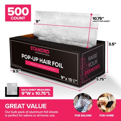 Stock Your Home 500 Count Aluminum Foil for Hair Highlighting, 9 Pop Up Foil Sheets for Salon or Home Use, Embossed Disposable Hair Foils for Highlighting, Coloring Hair, Wide Foil for Hair Stylist