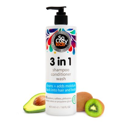 SoCozy 3 in 1 Kids Shampoo + Conditioner + Body Wash (16 Fl Oz) Gentle, Hydrating Hair &amp; Body Cleanser with Keratin, Vitamin B5, &amp; Kiwi Extract, Paraben &amp; Sulfate-Free