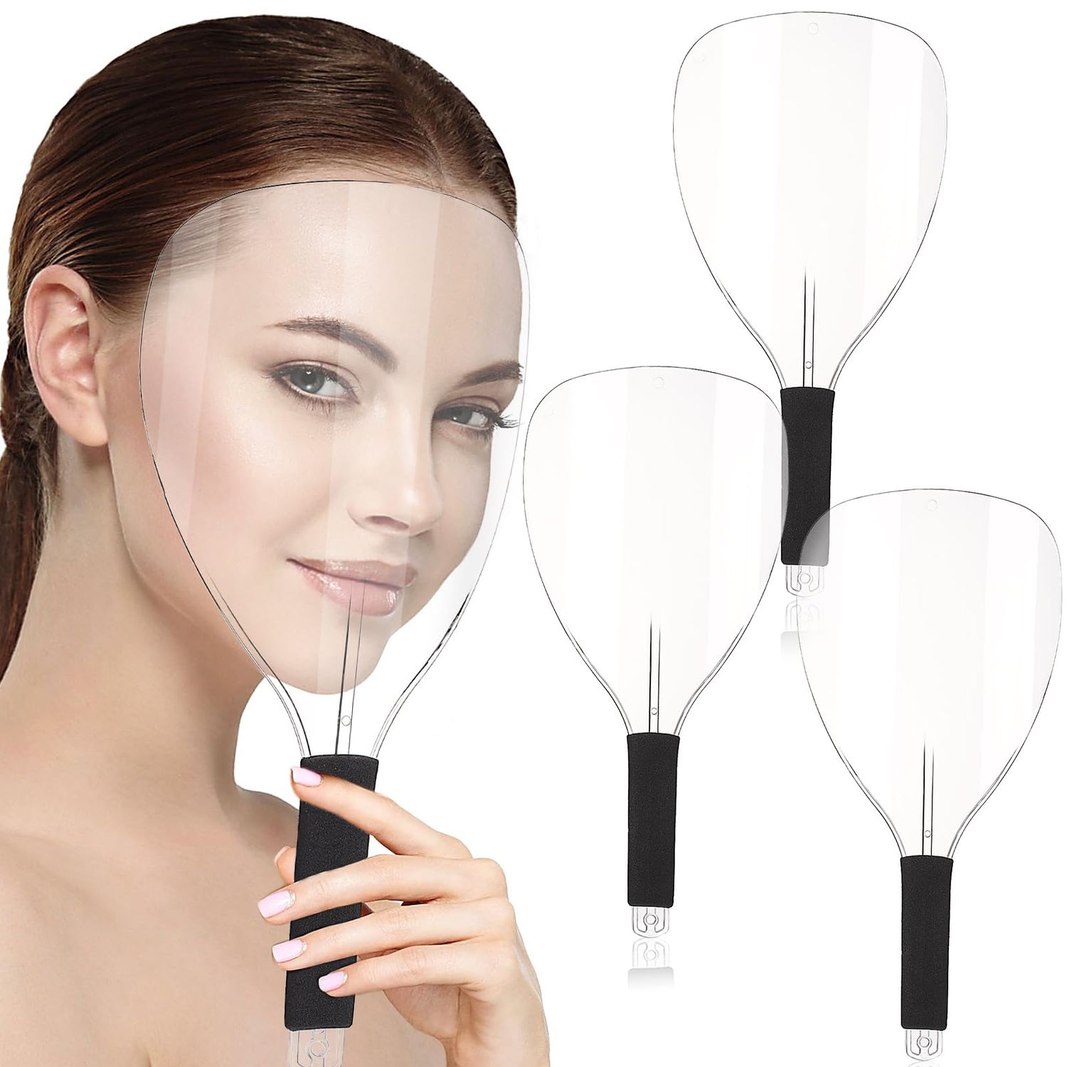 Noverlife 3-Pack Barber Salon Face Mask, Plastic Hairdressing Shield with Sponge Handle, Reusable Hairspray Protector for Hairdressing Makeup