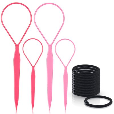 TsMADDTs Topsy Tail Hair Tools, 4 Pcs Hair Loop Styling Tool, Pink, 10pcs Hair Ties