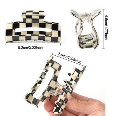 Paderison 2Pcs Checkered Rectangle Multicolored Claw Barrettes - Strong Hold Y2K Hair Accessories for Thin and Thick Hair (Pink Black)