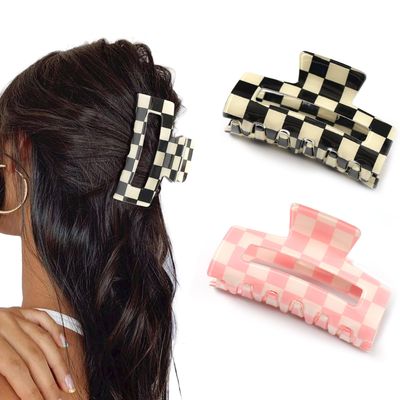 Paderison 2Pcs Checkered Rectangle Multicolored Claw Barrettes - Strong Hold Y2K Hair Accessories for Thin and Thick Hair (Pink Black)