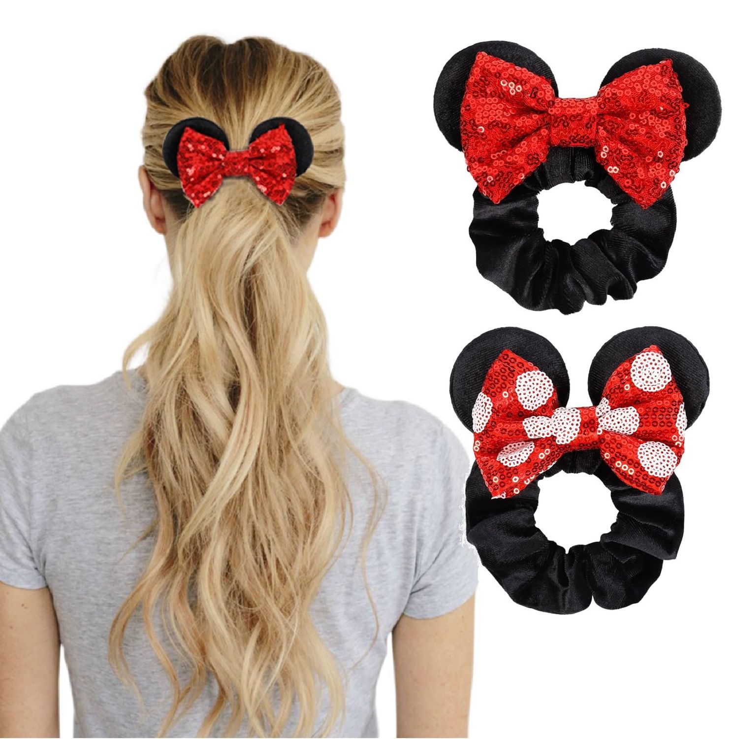 Women&#39;s Sequins Hair Bow Scrunchies, Velvet Mouse Ear Hair Ties for Ponytail, Party Favors, Cosplay Costume, Cute Accessories - Red Black