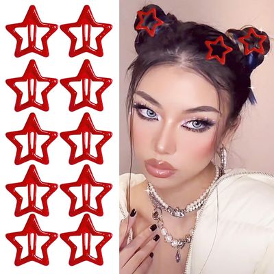 Paderison 10Pcs Y2K Star Hair Clips - Cute Metal Hair Barrettes and Non-Slip Kawaii Hair Accessories for Girls and Women (Red)