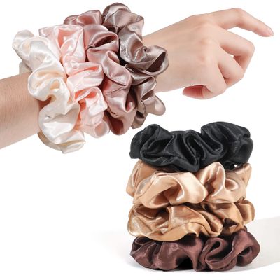 Ivyu Satin Hair Bands and Scrunchies: Thick Curly Hair Ponytail Holders for Girls, No Crease or Damage, Cute Brown Pink