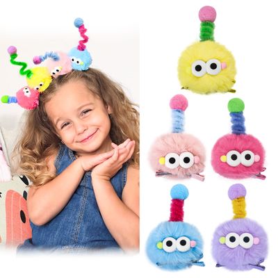 Z-CHARMMY Fluffy Pom Poms Hair Clips, Crazy Hair Day Accessories for Girls, Cartoon Clips for Toddler, Quirky Little Monster Barrettes, 5 Pieces