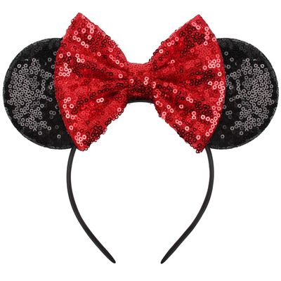 Eisyaa Mouse Ears Bow Headbands, Sequin Minnie Ears Headband Glitter Party Princess Decoration (Black-Red)