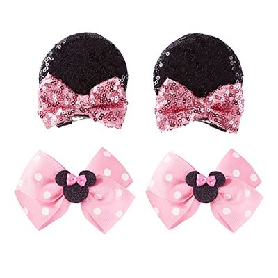 2 Pairs Mouse Ears Hair Clips &amp; Mouse Hair Bows Barrettes for Women Girls Costume Accessories Birthday Party Decorations Pink