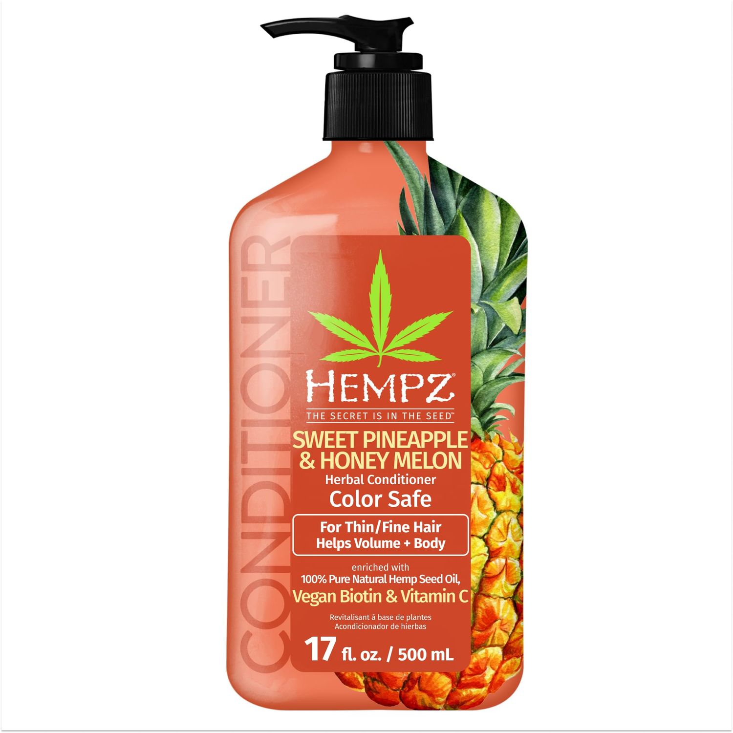 Hempz Biotin Conditioner - Sweet Pineapple &amp; Honey Melon - For Thin/Fine Hair Growth &amp; Strengthening of Dry, Damaged and Color Treated Hair, Hydrating, Softening, Moisturizing - 17 FL OZ