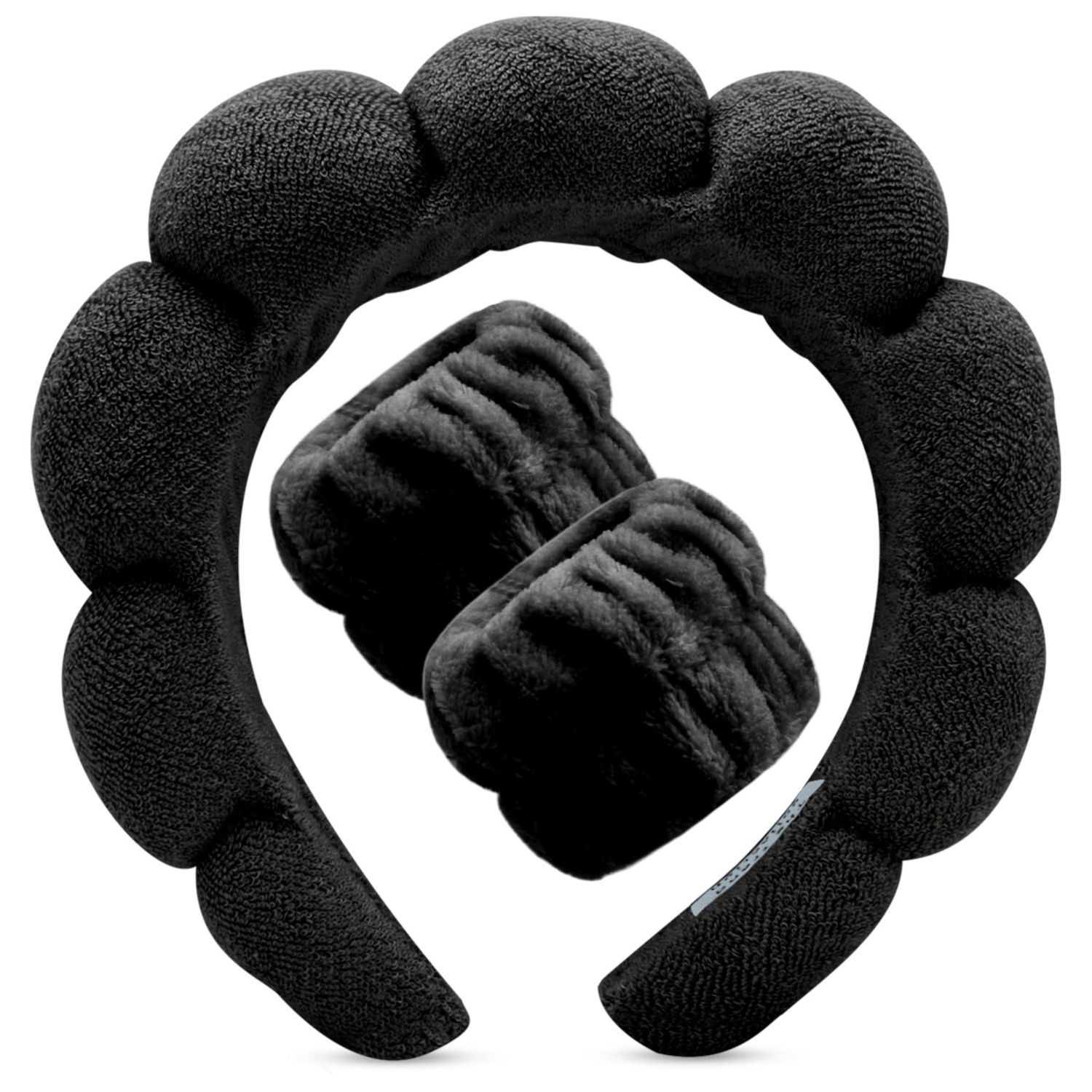 Spa Headband with Wristbands for Washing Face, 3pc Set for Makeup and Skincare. Bubble Skin Care Head Band. Puffy Terry Cloth, Hairband for Women, Teens, Girls. Cute Hair Accessories.