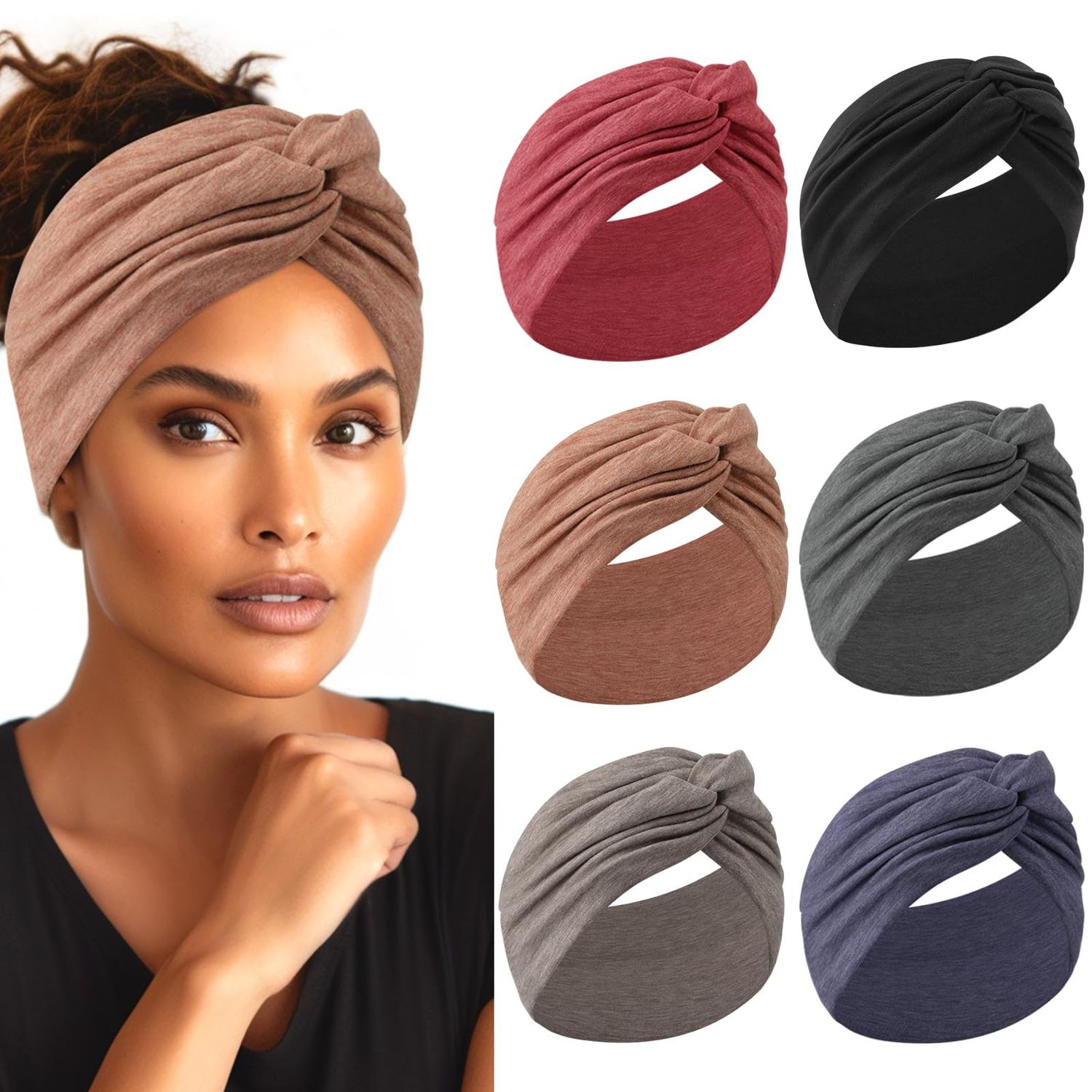 HAUHC Extra Wide Headbands for Women, 7&#39;&#39; Large Cotton Like Turban Knotted Bandana Head Bands for Women Non Slip, Boho Headbands for Women&#39;s Hair (6Pcs Dark Colors, Extra Large 7&quot; Wide)