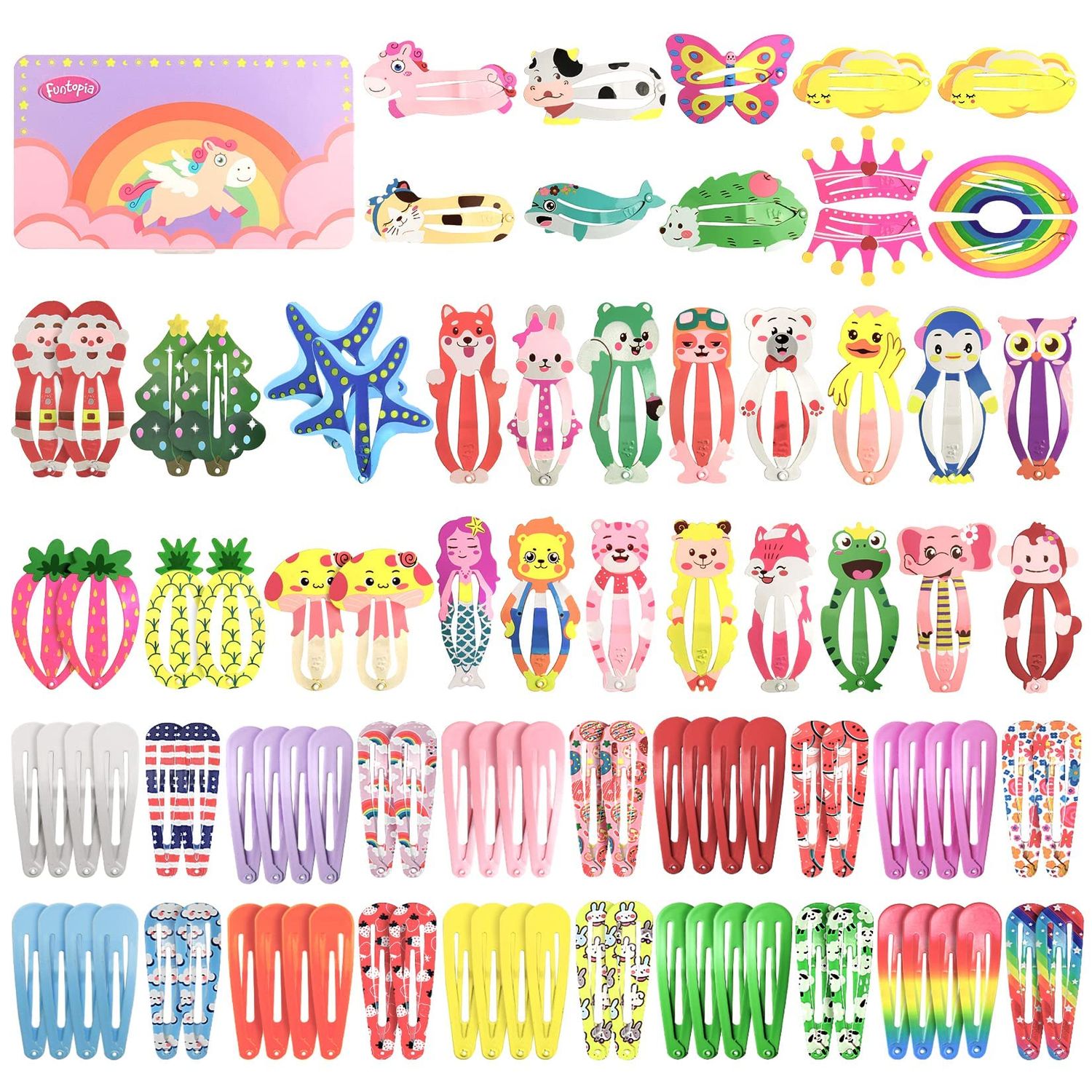 Hair Clips for Girls, Funtopia 100 Pcs Cute Snap Hair Clips Barrettes for Women Teens Girls Kids, Colorful No Slips Metal Fruit Animal Hair Clips for Birthday Party