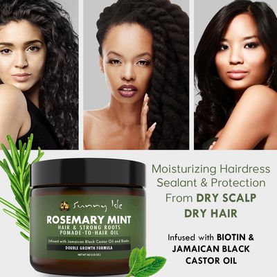 Sunny Isle Rosemary Mint Hair &amp; Strong Roots Pomade-To-Hair Oil 5oz | Double Growth Formula | Infused with Biotin &amp; Jamaican Black Castor Oil | Sealant for Dry Hair &amp; Split Ends