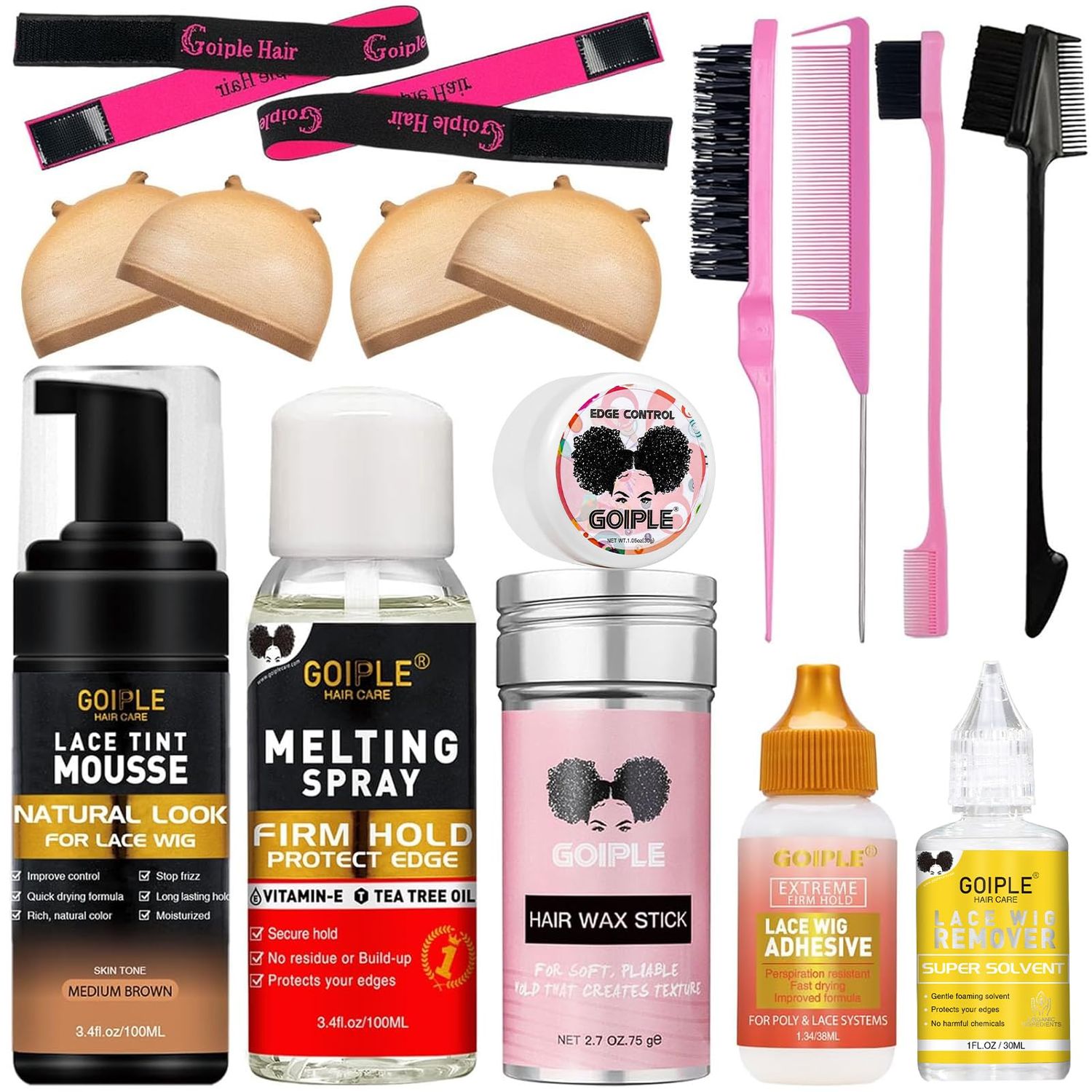 Lace Tint Lace Melting Hair Mousse for Women&#39;s Wigs and Hairpieces - Natural Finishing Tint Spray Tool Set (Medium Brown)