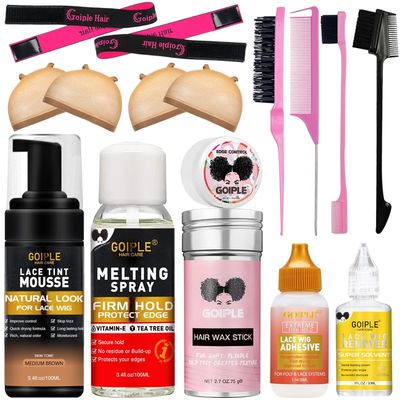 Lace Tint Lace Melting Hair Mousse for Women&#39;s Wigs and Hairpieces - Natural Finishing Tint Spray Tool Set (Medium Brown)