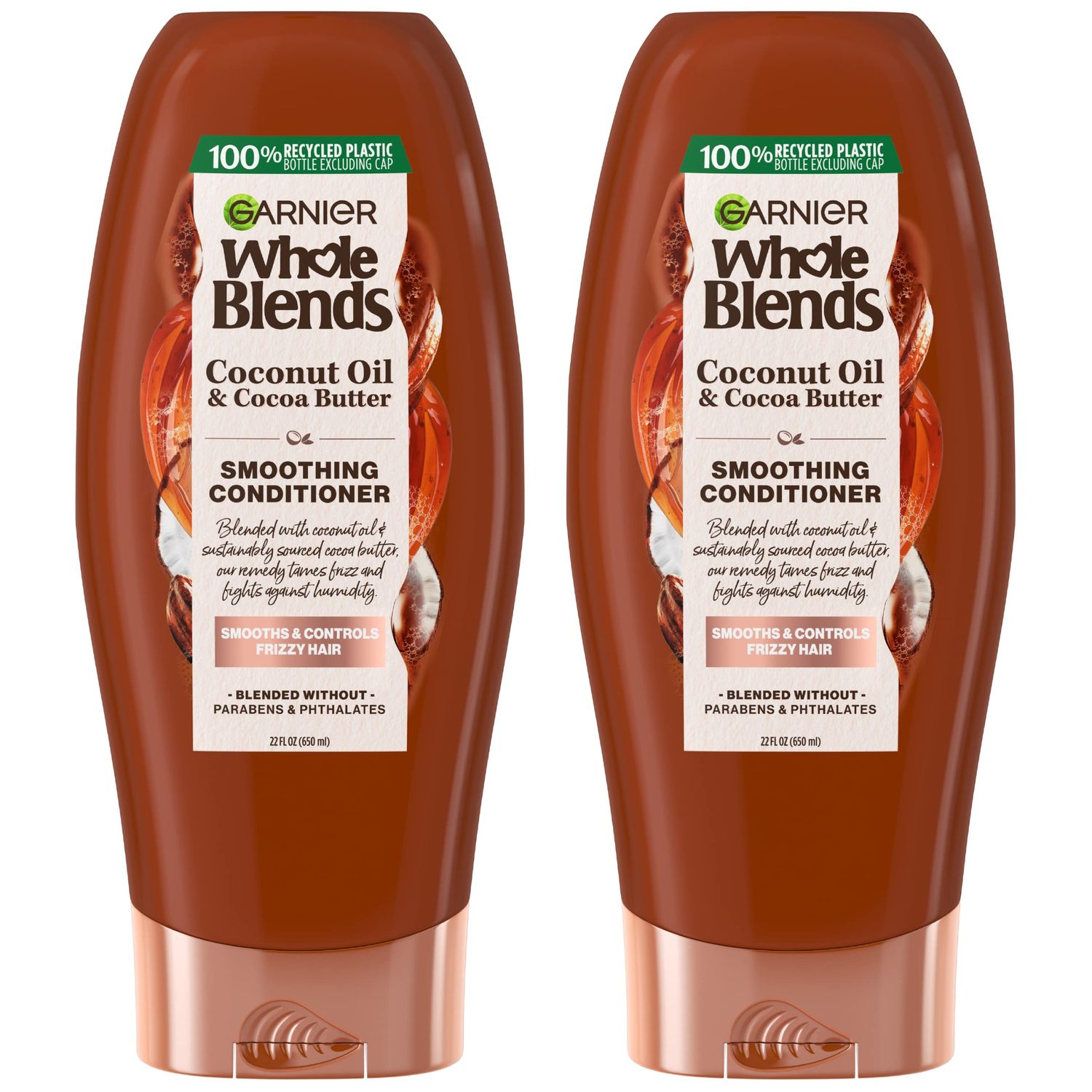 Garnier Whole Blends Coconut Oil &amp; Cocoa Butter Smoothing Conditioner for Frizzy Hair, 22 Fl Oz, 2 Count (Packaging May Vary)