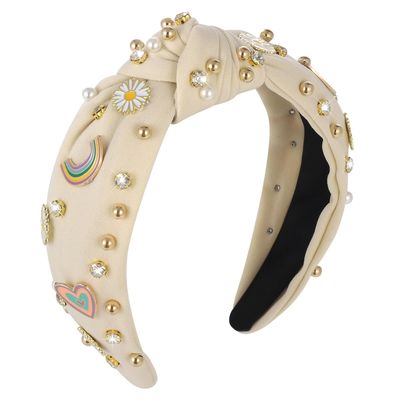 XLSXEXCL Boho Rainbow Daisy Headband - Pearl Knotted Twist Headpiece for Women &amp; Girls, Beige, Sparkly Crystal Rhinestone