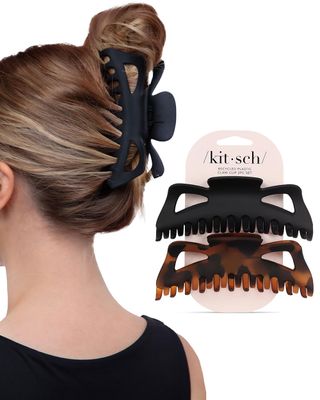 Kitsch 5 Inch Large Claw Clips for Thick and Long Hair | Strong Grip Jumbo Claw Clip for All-Day Hold | 2pcs Matte Oversized Hair Accessories - Black &amp; Tortoise Design