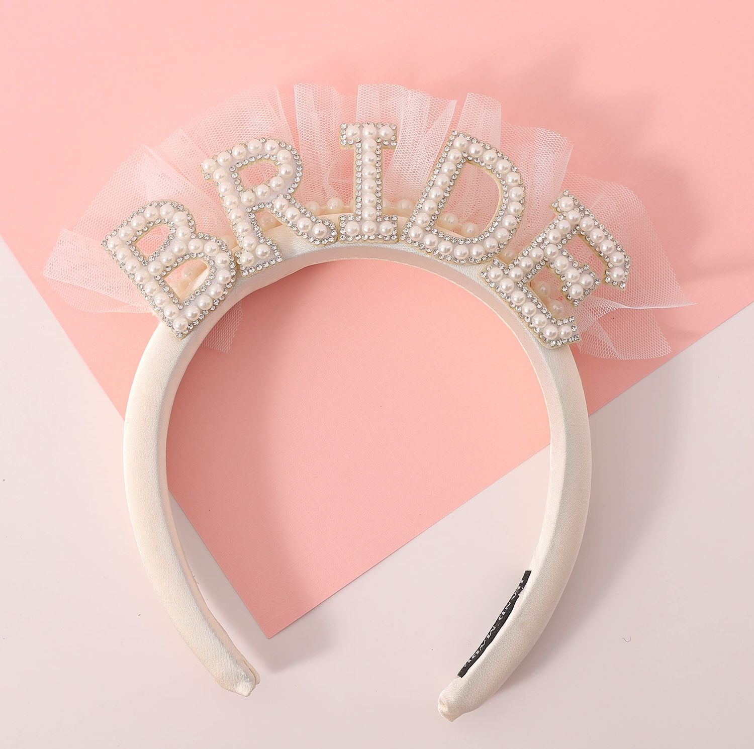 Agkvw Pearl Veil Bride Headband, White Satin Hairband with &#39;BRIDE&#39; Decorated by Pearl and Rhinestone, Bridal Hairband for Bachelorette Party Decorations, Women&#39;s Hair Accessory