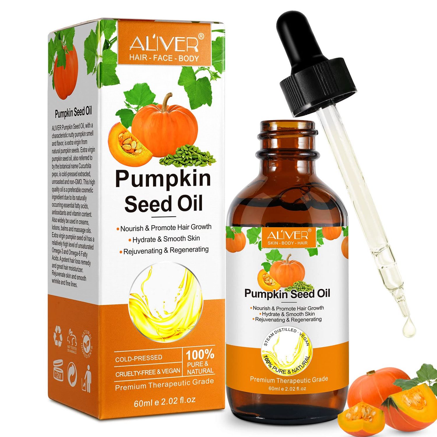 Cacukn Pumpkin Seed Oil, Pumpkin Seed Essential Oil for Hair Growth &amp; Dry Damaged Hair, Strengthen Hair Thickness, Nourish Hair scalp, Moisturizer Serum for Skin, Face &amp; Body, 2.02 Fl Oz