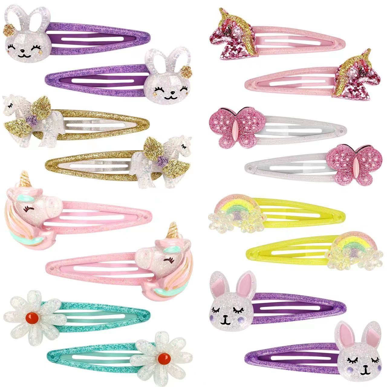 Wingchold 16Pcs Girls Unicorn, Butterfly, Flower, Rabbit Hair Clips - Sparkly Rainbow Hair Accessories for Toddlers, Kids, Hair Clips for Party, Birthday Gift Supplies Favors