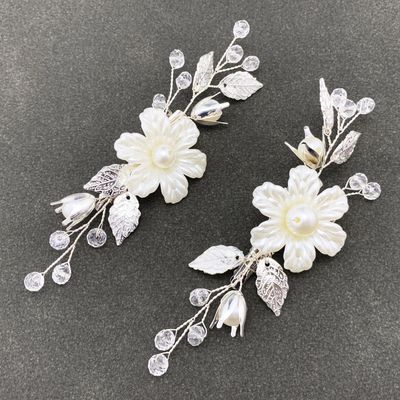 PRETTYLIFE Pearls Flower Hair Clips 2pcs Bridal White Floral Silver Leaf Vine Hair Pieces Accessories for Wedding Women