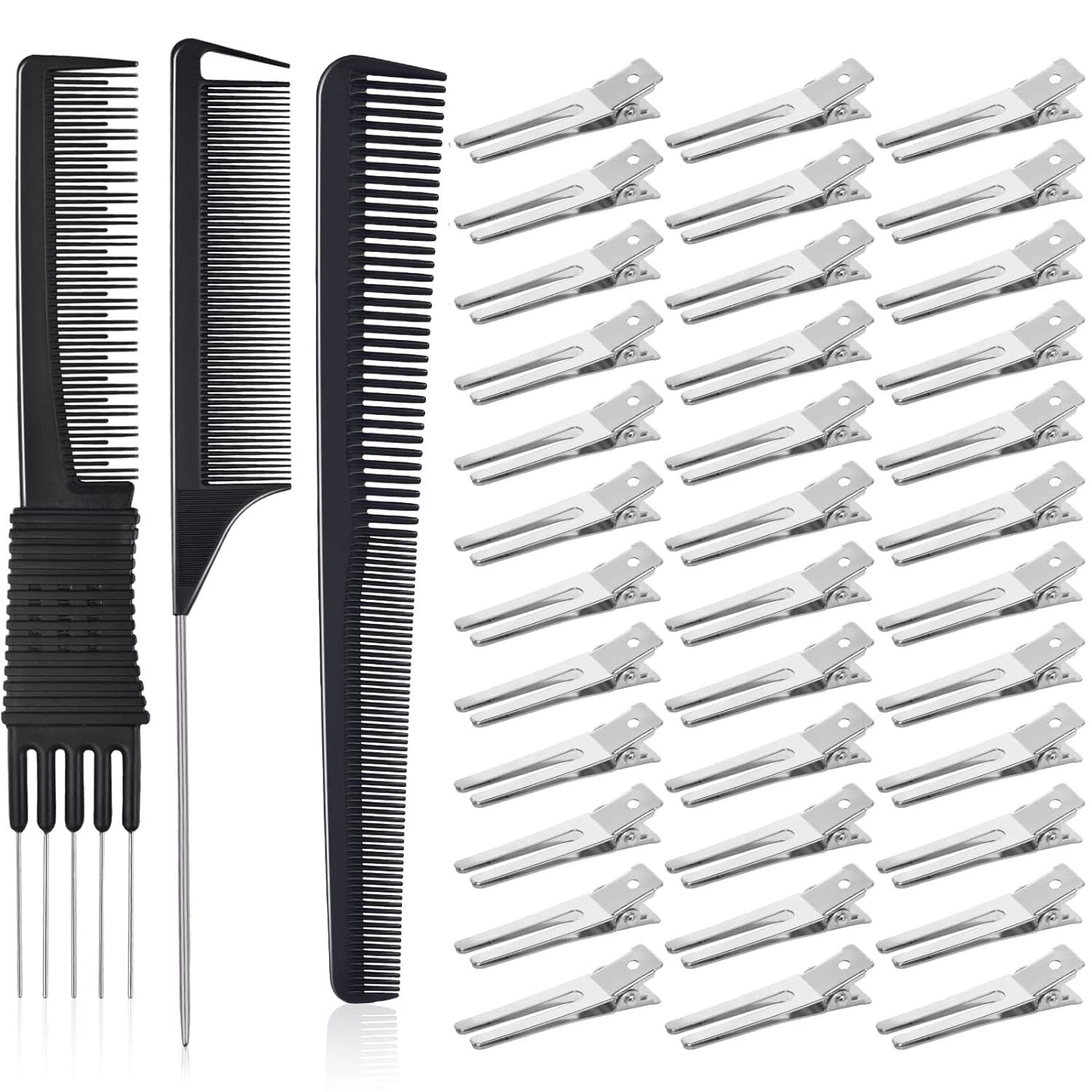 50Pcs Metal Hair Styling Clips, IKOCO No Crease Double Prong Hair Clips with 3 Parting Comb for Styling and Coloring