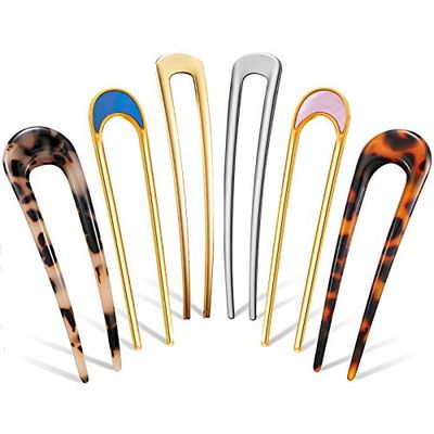 Chuangdi 6 Pcs U Shaped French Hair Pin French Hair Tortoise Shell Fork Sticks 2 Prongs Updo Chignon Pins for Women Styling Accessories