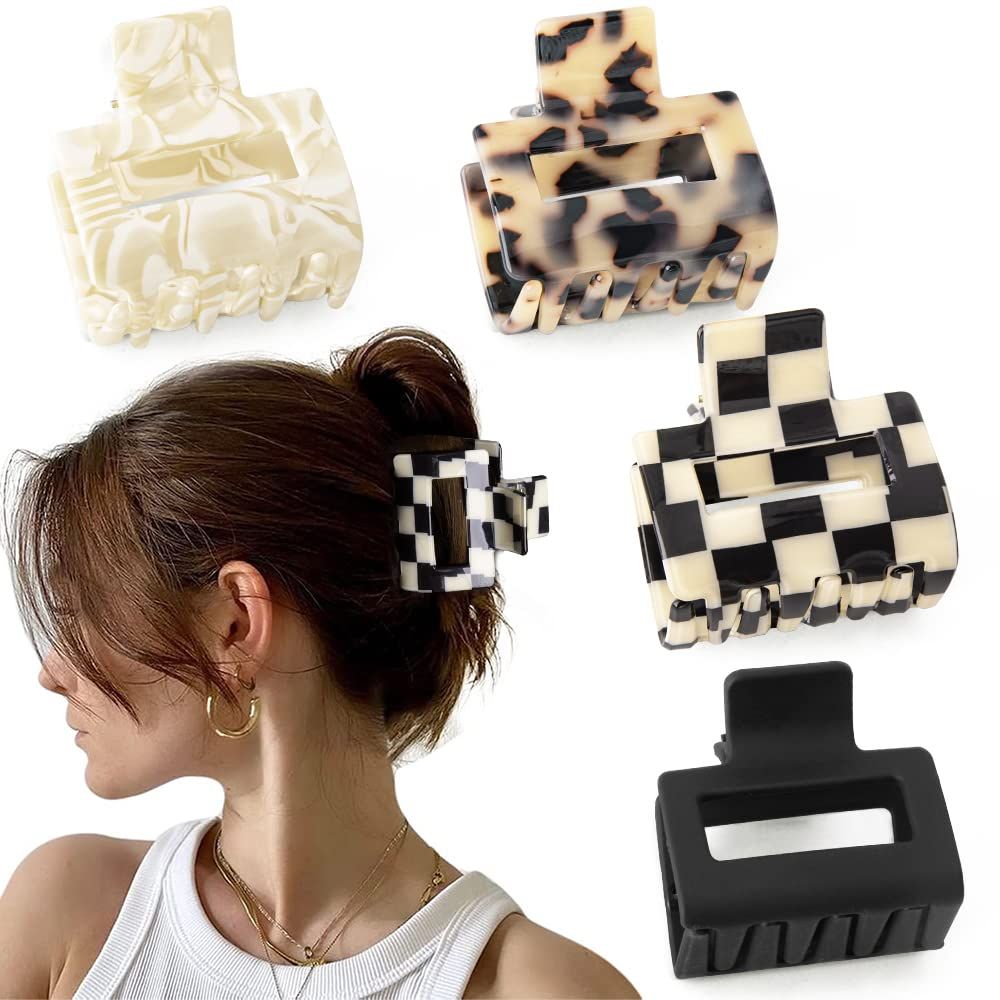 Bmobuo Checkered Tortoise Hair Clips for Women - 4Pcs 2&quot; Small Acetate Claw Barrettes for Thick &amp; Thin Hair