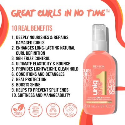 Revlon Professional UniqOne Curly Hair Leave-in Treatment - Multi-benefit hair treatment for curly hair, wavy and coily hair, 7.8 Fl Oz (Pack of 1)
