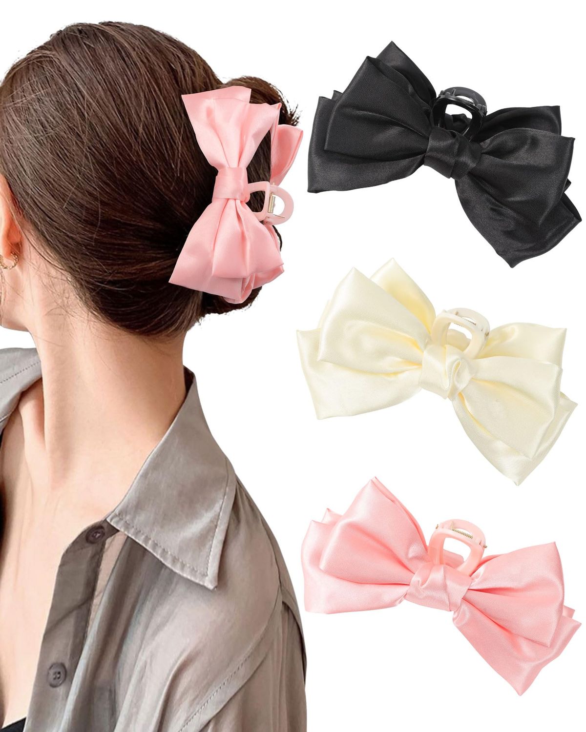 CHLINS 3 Count Bow Claw Clip - Bow Clips for Women in Satin, Nonslip Claw Clips for Thick Thin Hair, Hair Accessory in Black, White, Pink