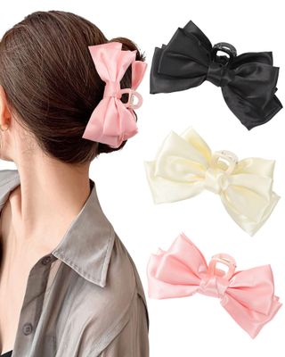 CHLINS 3 Count Bow Claw Clip - Bow Clips for Women in Satin, Nonslip Claw Clips for Thick Thin Hair, Hair Accessory in Black, White, Pink