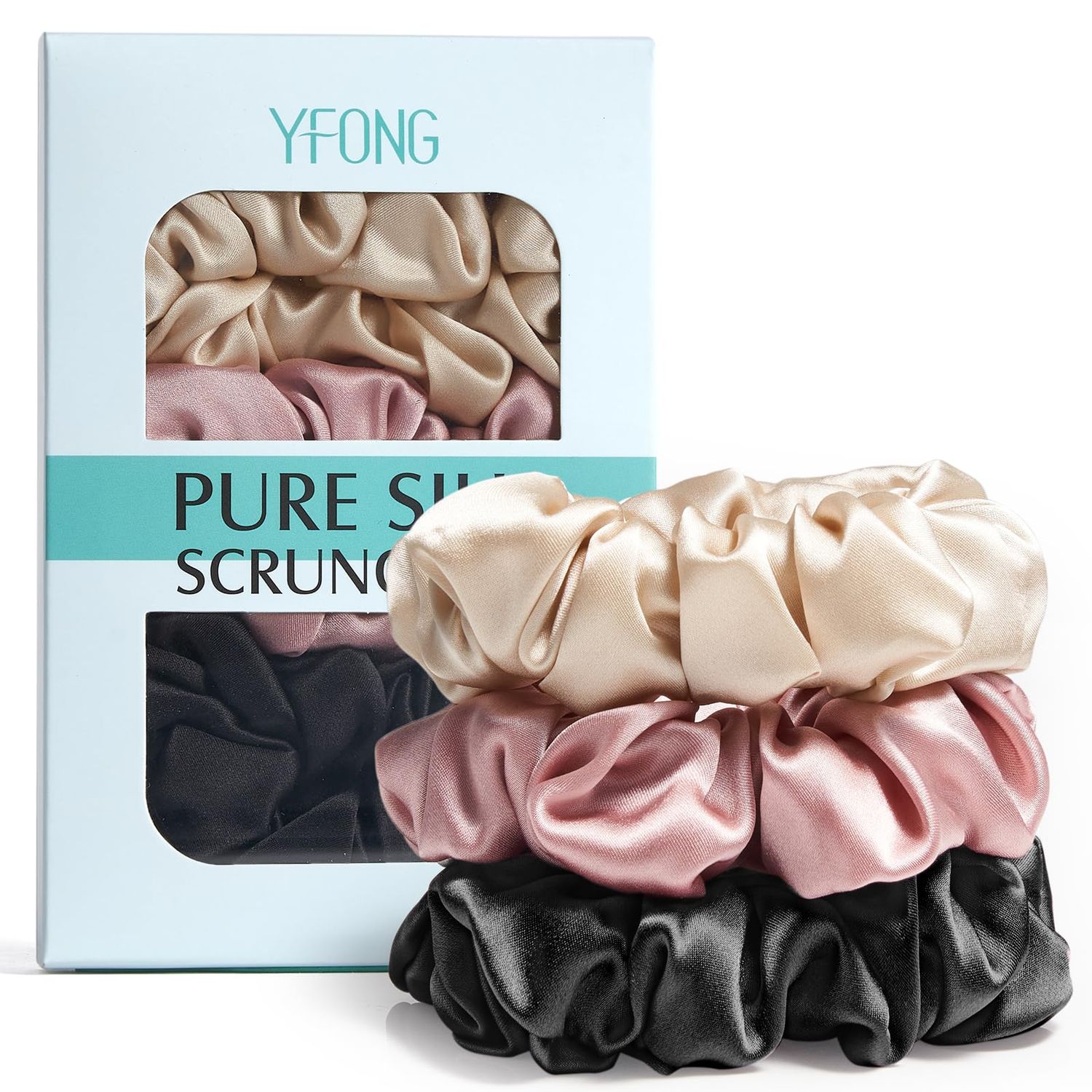 YFONG 3 PCS 100% Mulberry Silk Scrunchies for Women Girls, 22 Momme Soft Hair Ties for Frizz &amp; Breakage Prevention, Elastic Ponytail Holders Gentle And No hurt, (Pink+Black+Champagne)