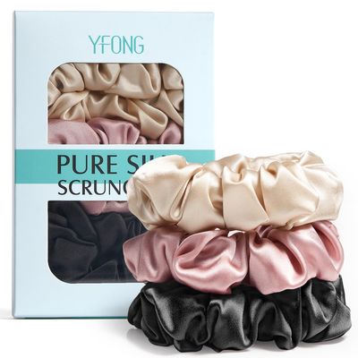 YFONG 3 PCS 100% Mulberry Silk Scrunchies for Women Girls, 22 Momme Soft Hair Ties for Frizz &amp; Breakage Prevention, Elastic Ponytail Holders Gentle And No hurt, (Pink+Black+Champagne)