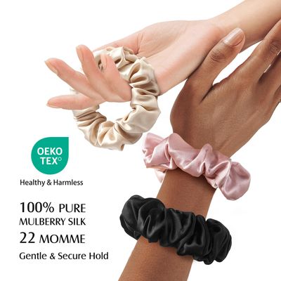 YFONG 3 PCS 100% Mulberry Silk Scrunchies for Women Girls, 22 Momme Soft Hair Ties for Frizz & Breakage Prevention, Elastic Ponytail Holders Gentle And No hurt, (Pink+Black+Champagne)
