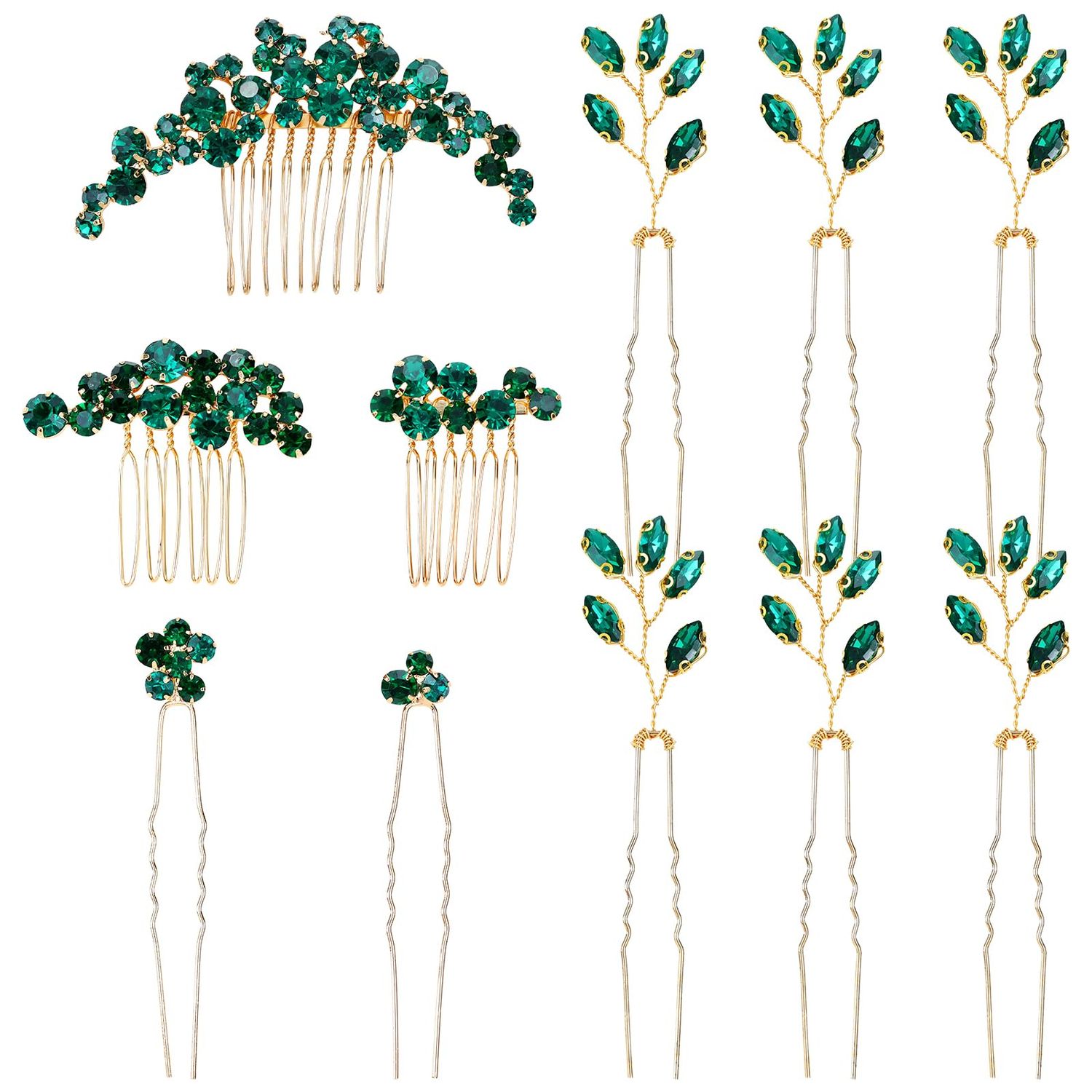 inSowni 11 Pieces Vintage Emerald Green Headpieces Party Prom Wedding Bridal Rhinestone Hair Side Combs Slides+U-shaped Hair Pins Accessories for Brides Bridesmaids Women Girls