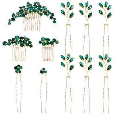 inSowni 11 Pieces Vintage Emerald Green Headpieces Party Prom Wedding Bridal Rhinestone Hair Side Combs Slides+U-shaped Hair Pins Accessories for Brides Bridesmaids Women Girls