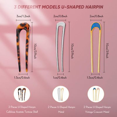 Chuangdi 6 Pcs U Shaped French Hair Pin French Hair Tortoise Shell Fork Sticks 2 Prongs Updo Chignon Pins for Women Styling Accessories
