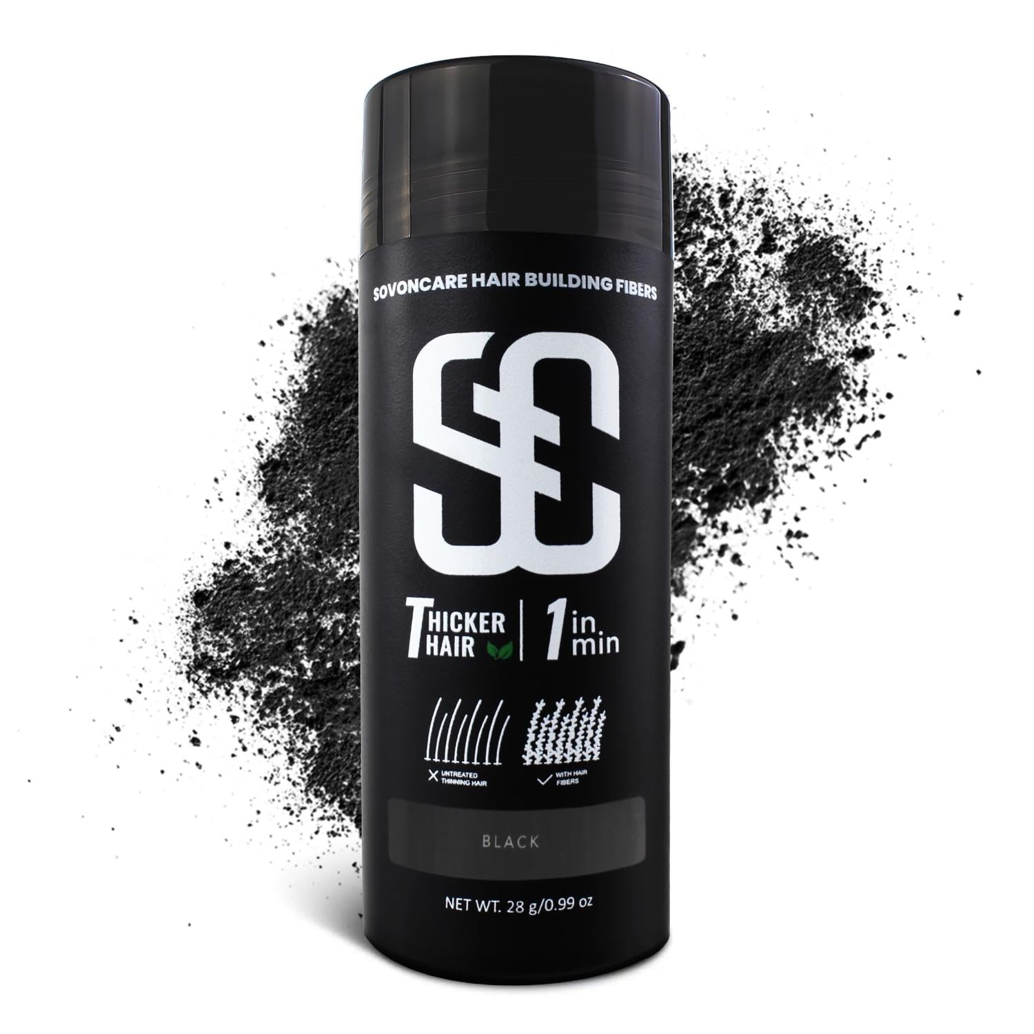 SOVONCARE Hair Fibers for Thinning Hair, Black Hair Building Fibers for Bald Spots Undetectable &amp; Natural, Conceals Hair Loss, Fill In Fine Hair Powder Hair Thicker Instantly for Women &amp; Men 28g