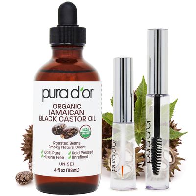 PURA D&#39;OR 4 Oz ORGANIC Jamaican Black Castor Oil - Natural Smoky Scent - w/ 2 BONUS Empty Brushes - 100% Pure USDA Certified Cold Pressed &amp; Roasted, Hexane Free Eyelash &amp; Eyebrow Serum