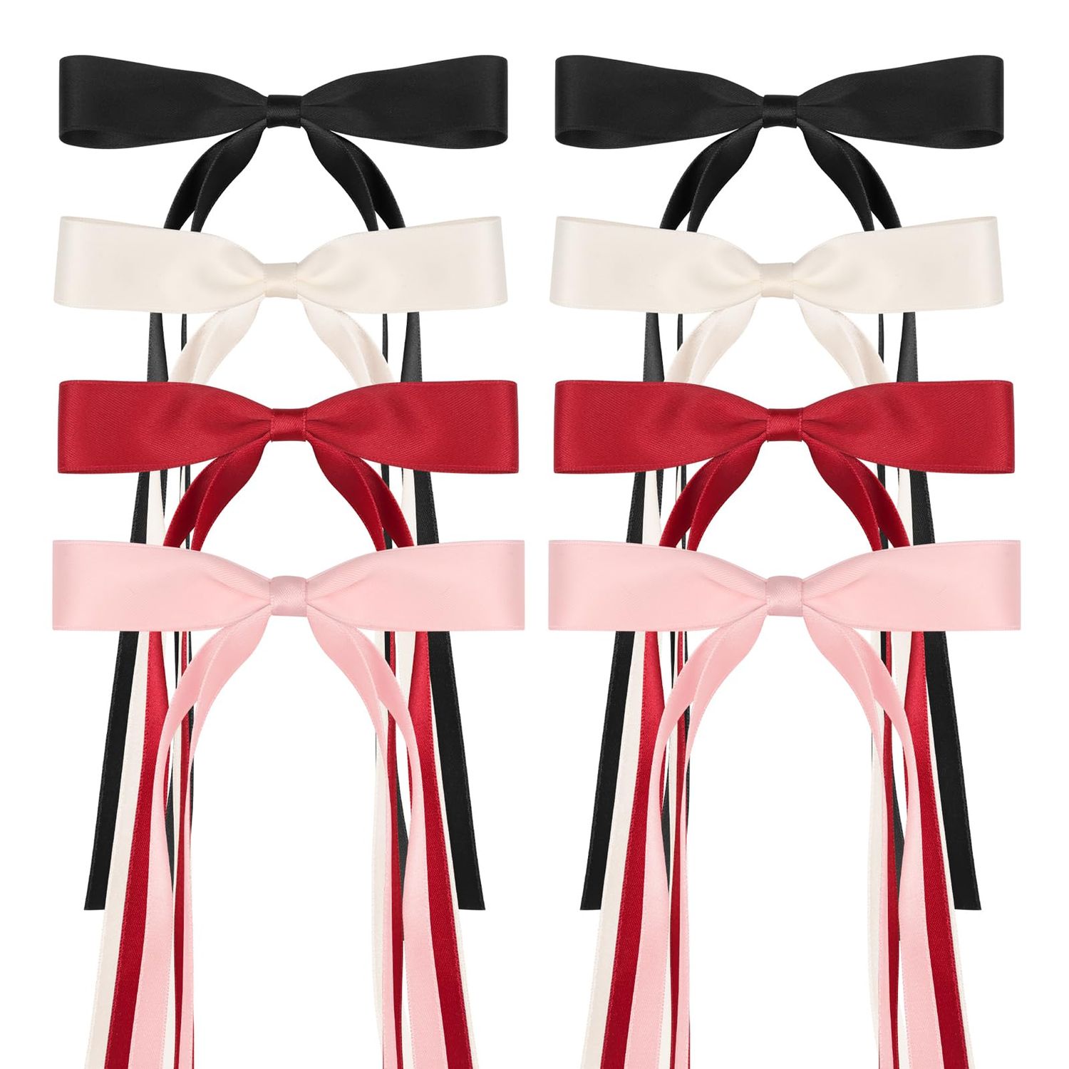8 PCS Silky Satin Hair Bows with Tassel for Women Grils, Tassel Ribbon Bowknot Hair Clips for Ponytail Holder. Pink, Red Hair Bow and Black, White Barrettes Claw Bow