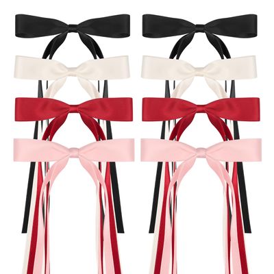 8 PCS Silky Satin Hair Bows with Tassel for Women Grils, Tassel Ribbon Bowknot Hair Clips for Ponytail Holder. Pink, Red Hair Bow and Black, White Barrettes Claw Bow