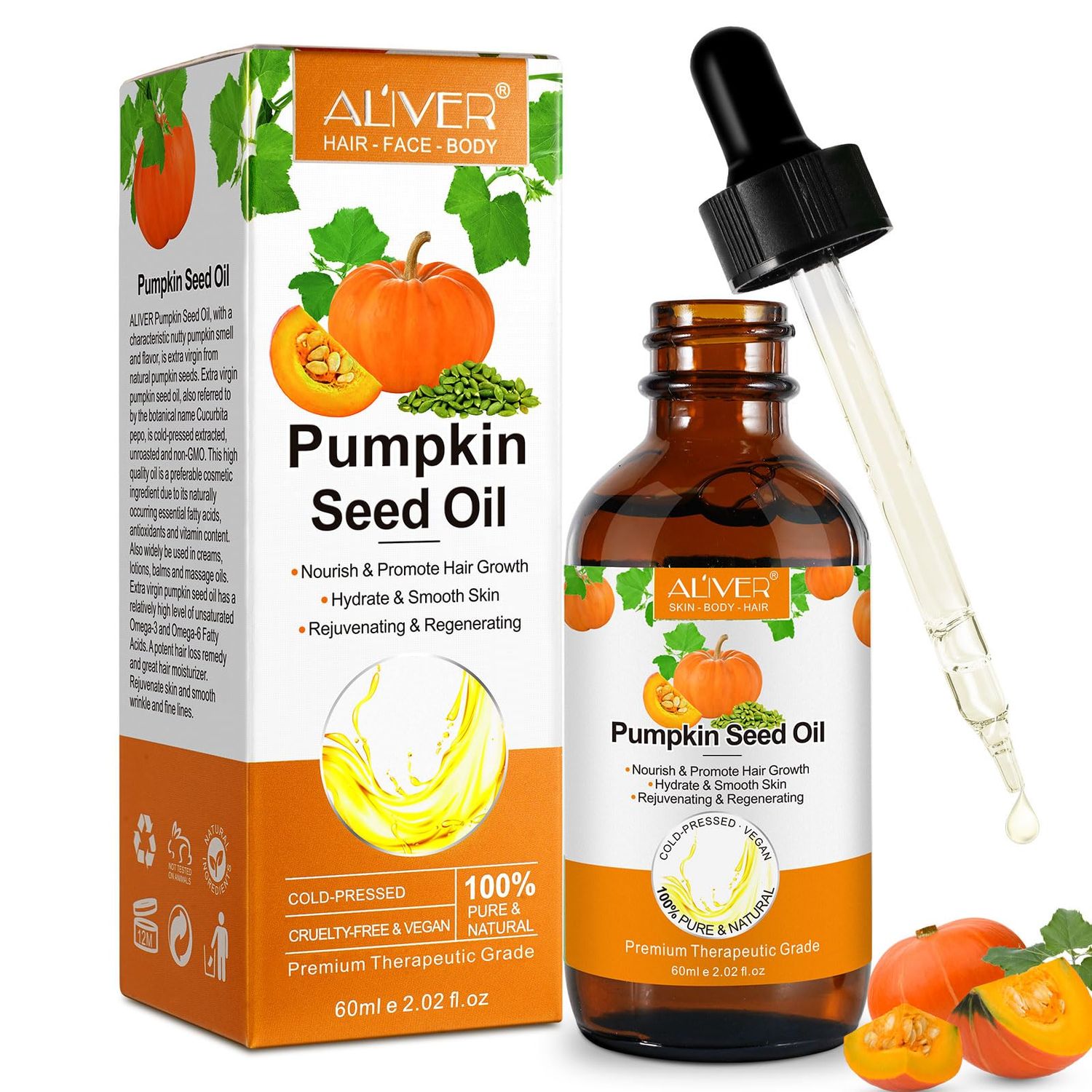 Pumpkin Seed Oil, Pumpkin Seed Oil for Hair Growth, Pure Cold Pressed Pumpkin Seed Oil for Dry Damaged Hair Growth, Hydrating, Scalp Moisturizer, Nourishment - 60ML