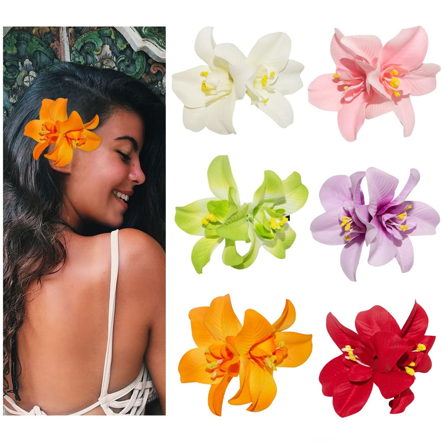 Generic 6 Colors Artificial Flower Hair Clips, Bohemian Flower Hairpin Hawaiian Hairpin for Seaside Holiday, 3.5 Inch Bridal Hair Bobby Pins Headwear for Women Girls(Twin Flowers)