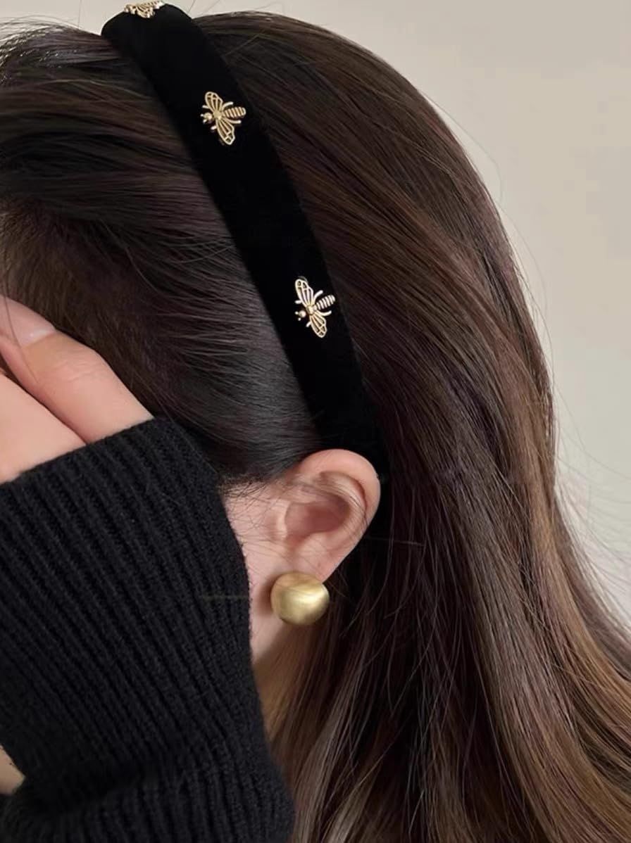 TERSE Black Velvet Headband with White Pearl Accents - Cute Vintage Designer Hair Accessory for Women&#39;s Holiday Fashion