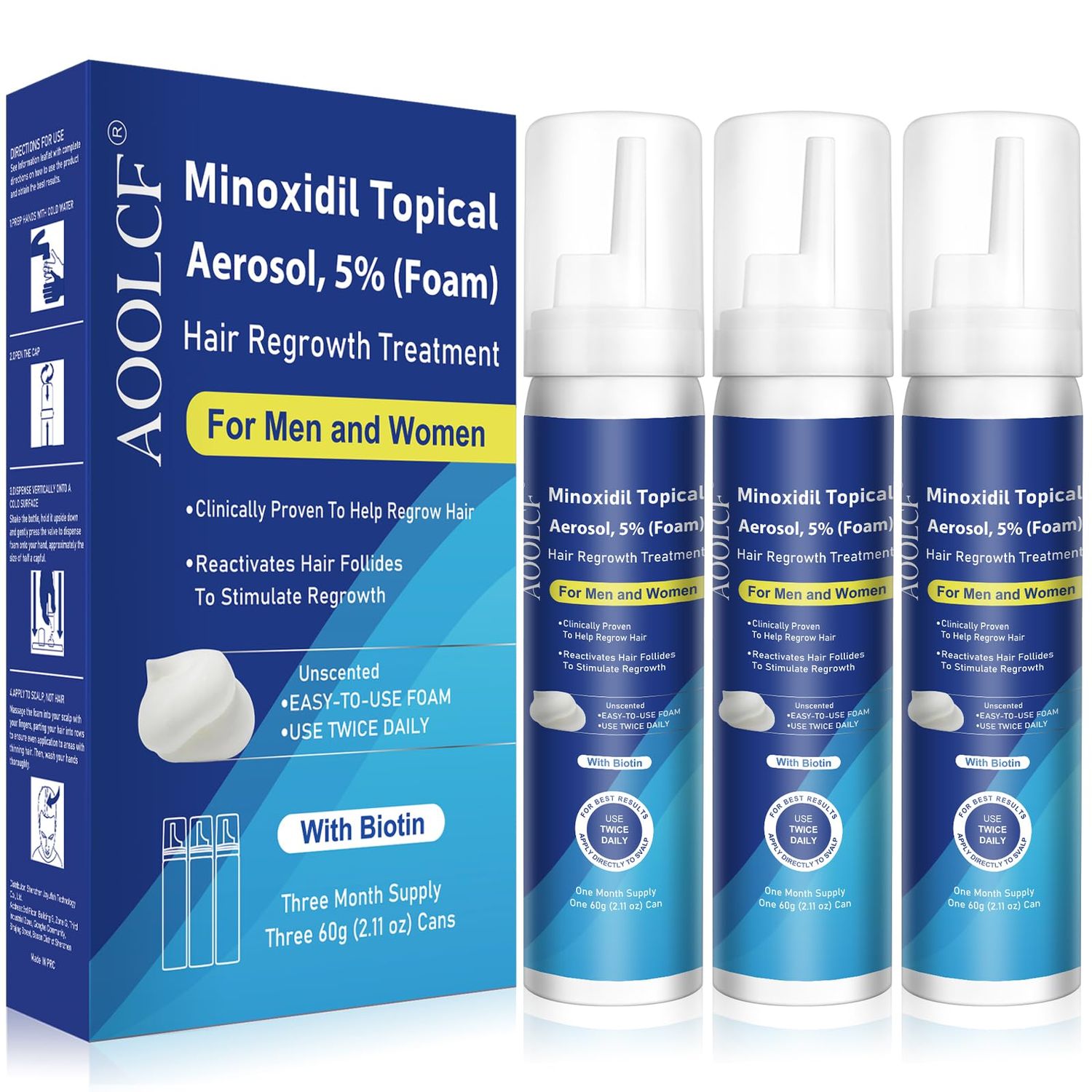 Minoxidil Foam, 5% Topical Minoxidil Foam, Minoxidil for Men and Women, Infused with Biotin, Hair Growth Treatment, Supports Thicker and Fuller Hair &amp; Beard (Minoxidil Foam, 6.33oz, 3 Month Supply)