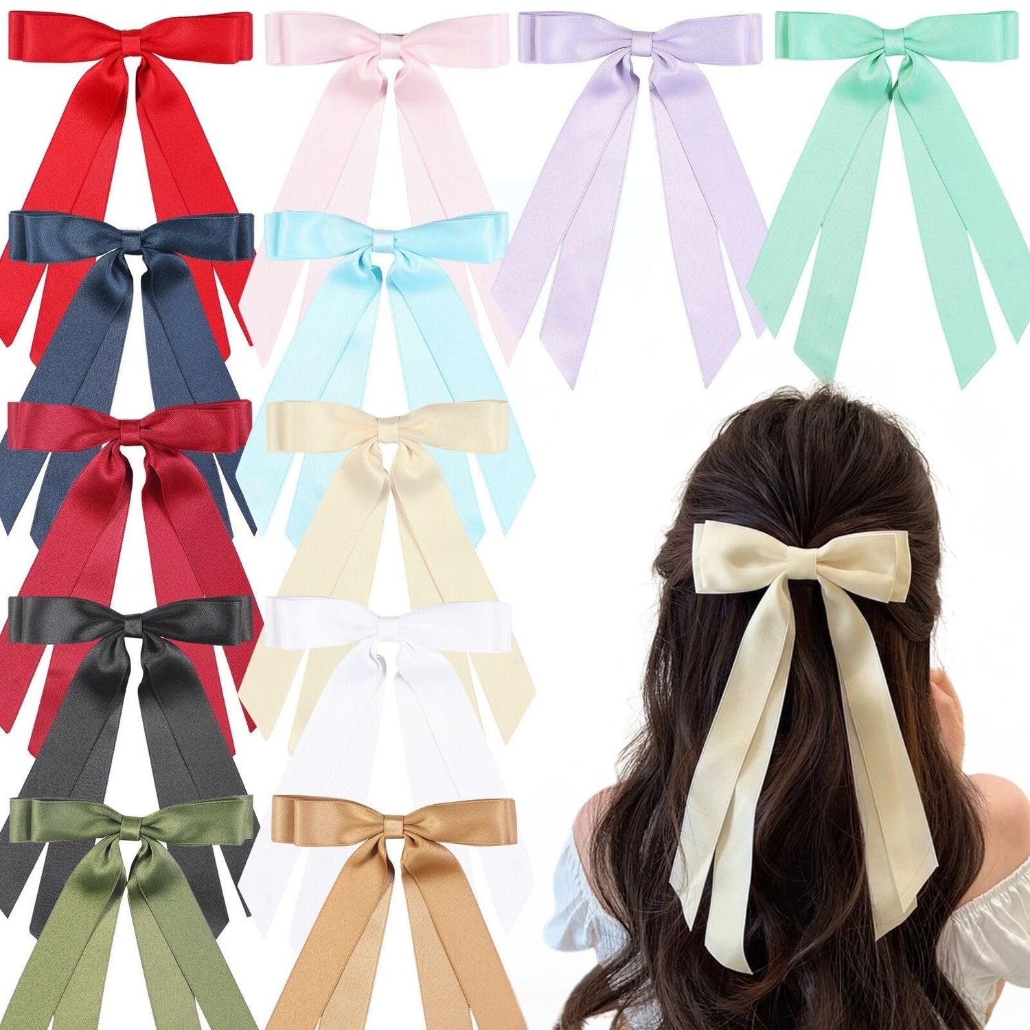 12 PCS Double Layer Hair Accessories - Silky Satin Ribbon Bow Clips with Long Tails for Women