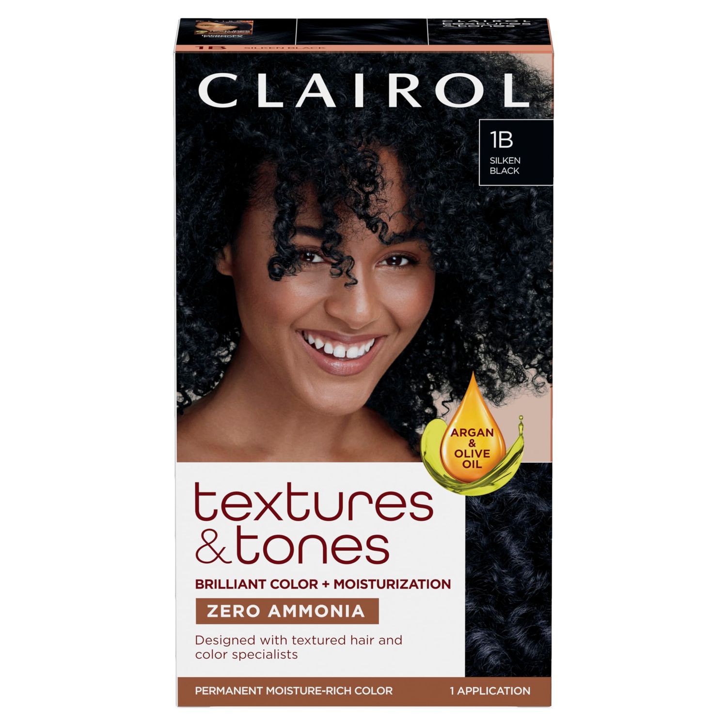 Clairol Textures &amp; Tones Permanent Hair Dye, 1B Silken Black Hair Color, Pack of 1